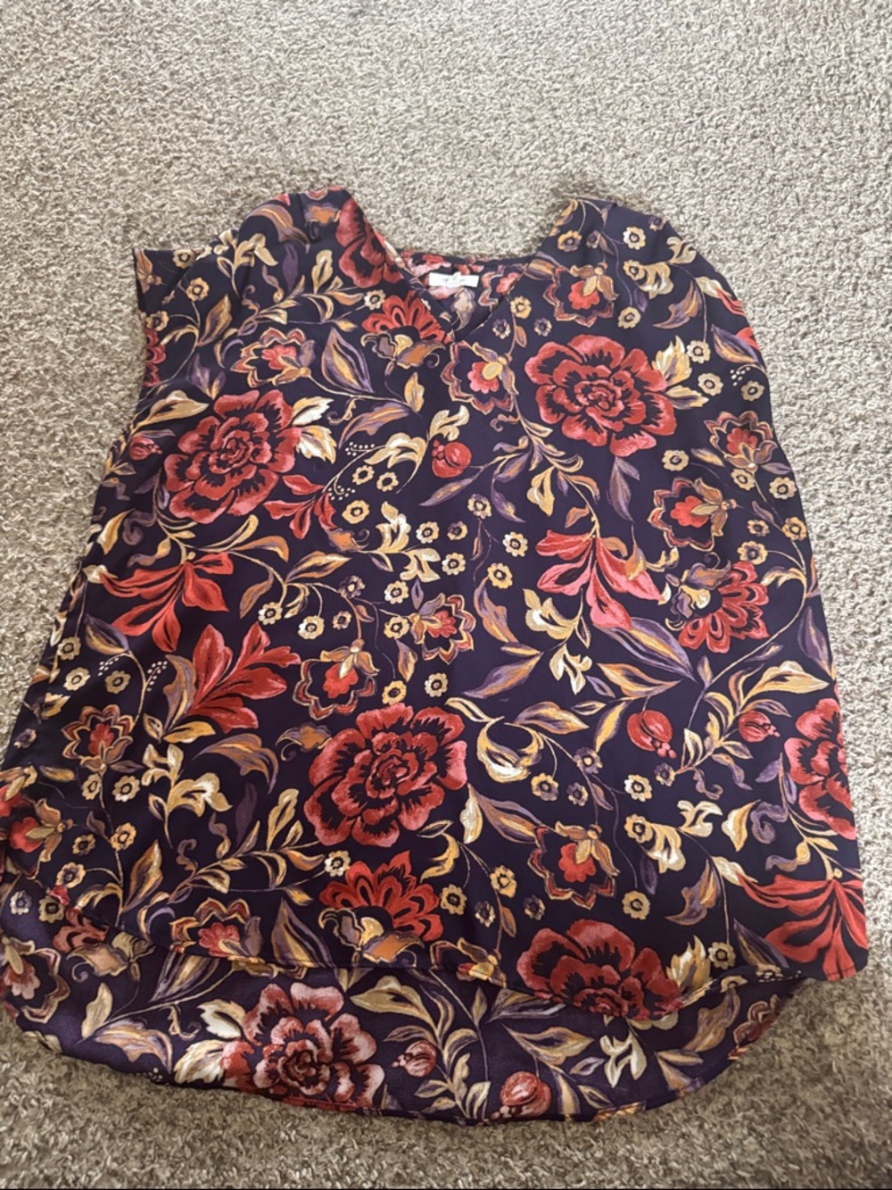 Maurices Purple Floral Sleeveless Blouse with Red and Gold Accents